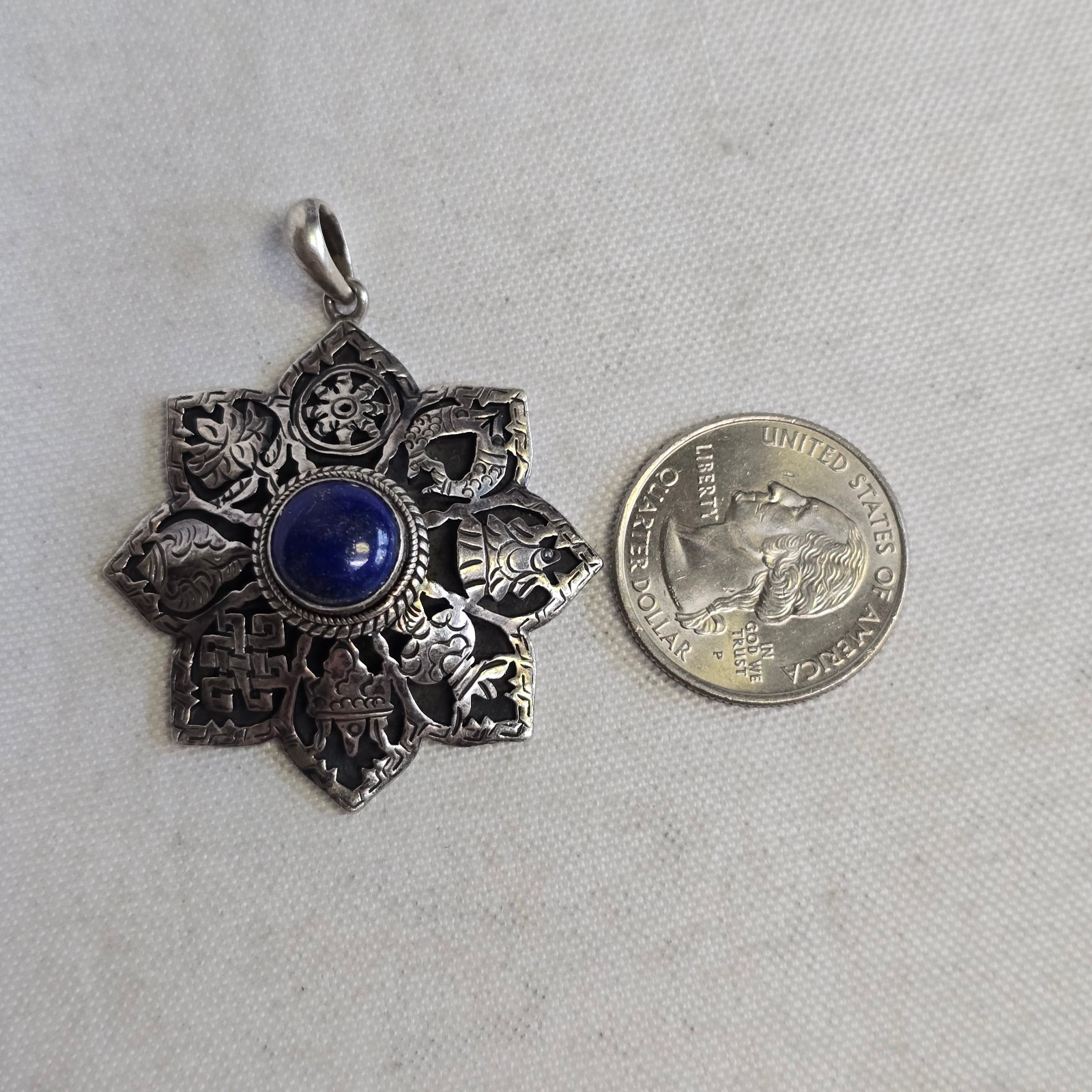 Sterling Silver Pendant 14.93g Jewelry Lapis Look Nepal Symbols Charm *READ*
