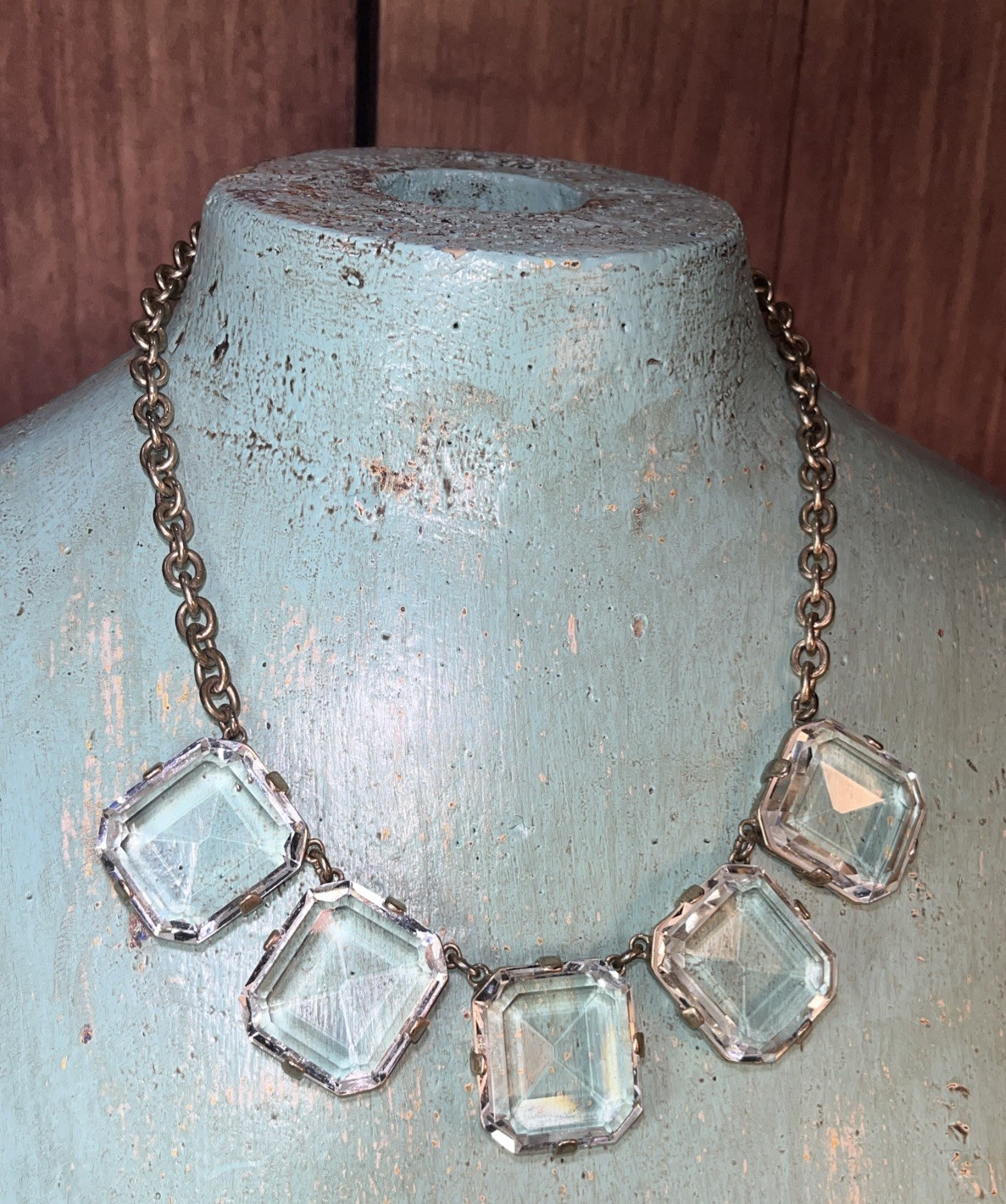 J Crew Crystal Rhinestones Emerald Cut Bezel Statement Necklace 17”-20”