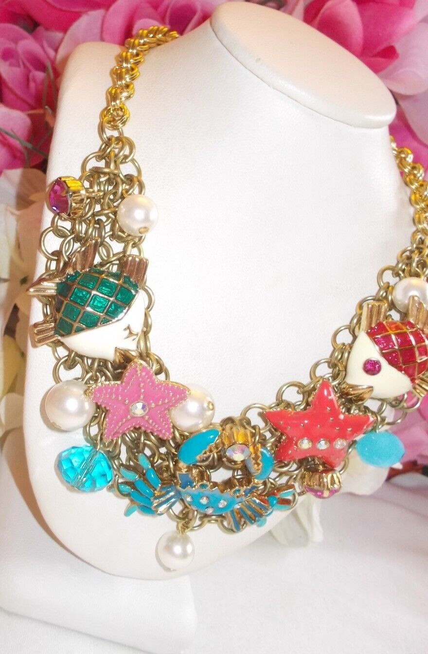 BETSEY JOHNSON LOVELY SEA LIFE CRYSTAL AND ENAMEL MULTICHARM STATEMENT NECKLACE