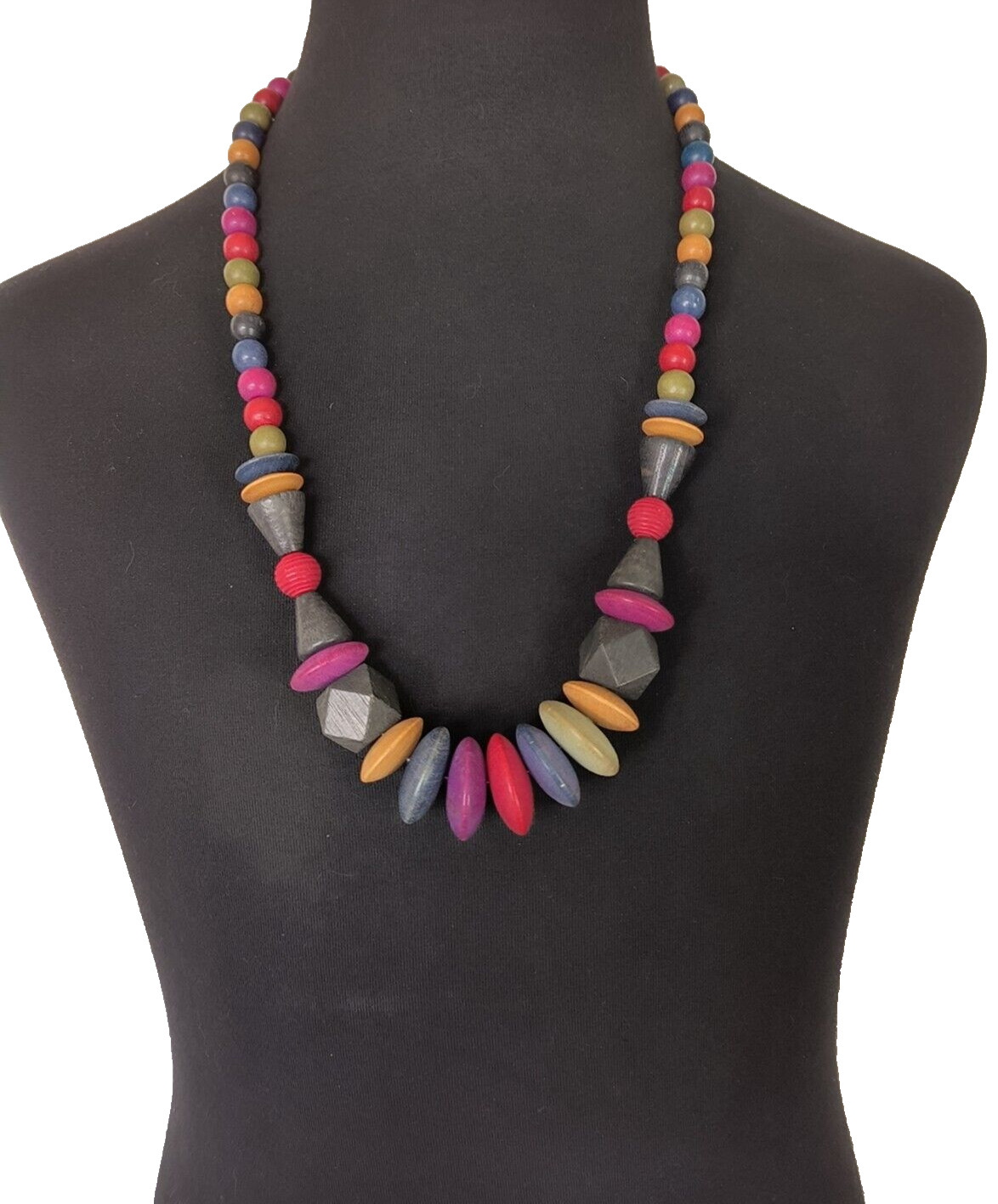 Women’s Statement Necklace Multicolor Wooden Beads Assorted Sizes 15 in drop