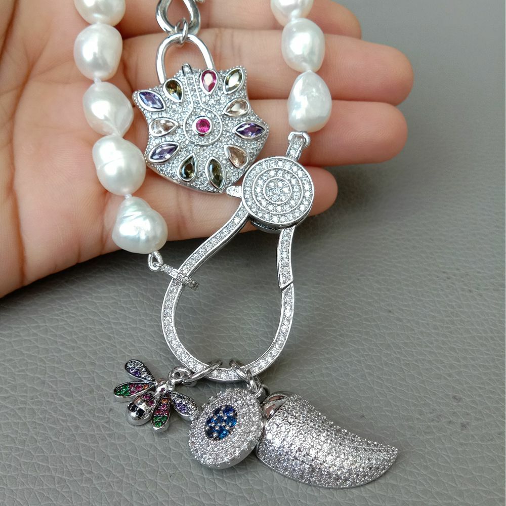 2 rows Cultured White Baroque Pearl Cz pave Drop Charm Necklace 19”