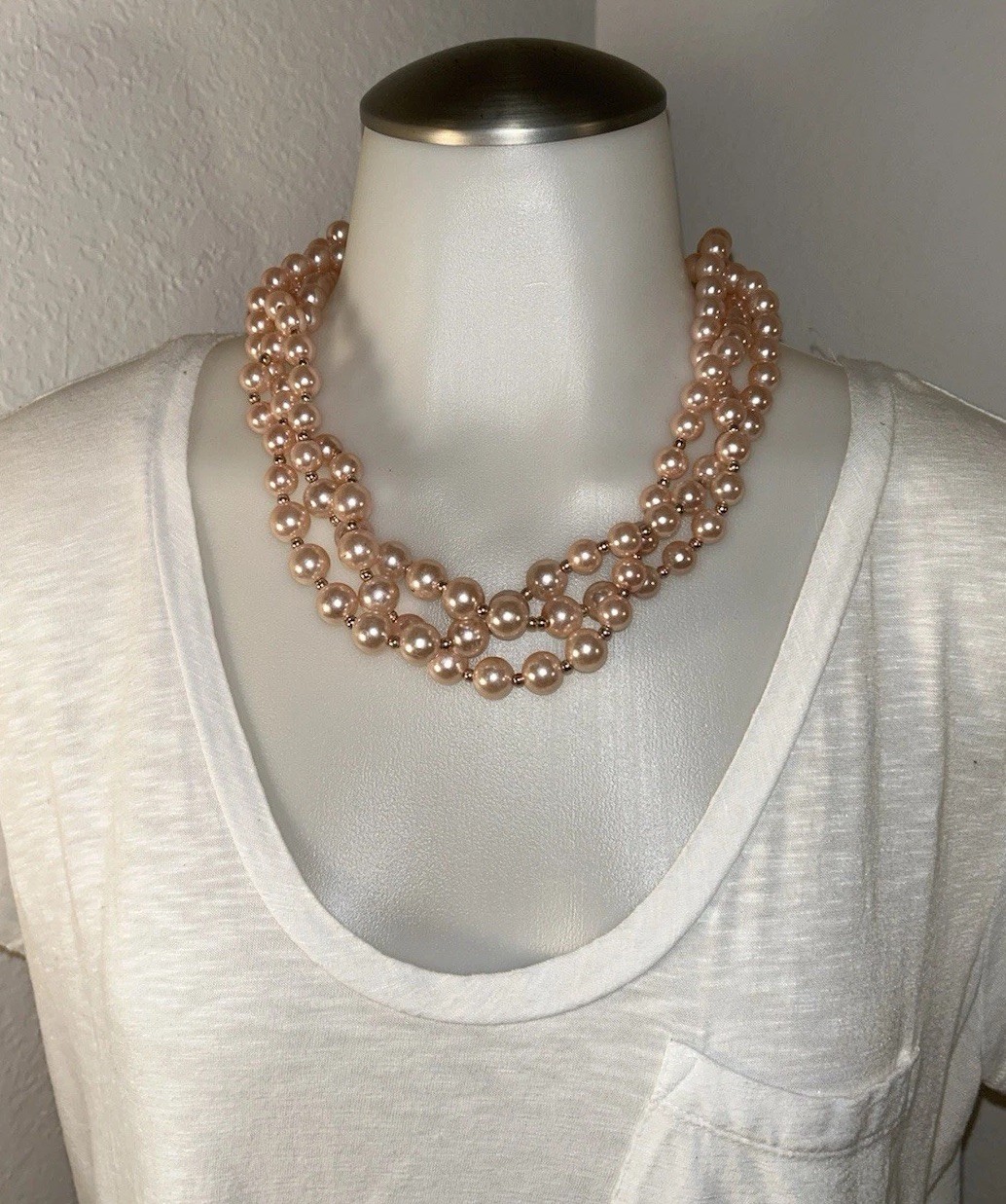 Light Pink Pearl Cluster Statement Necklace Multi Strand Chunky Twisted Choker