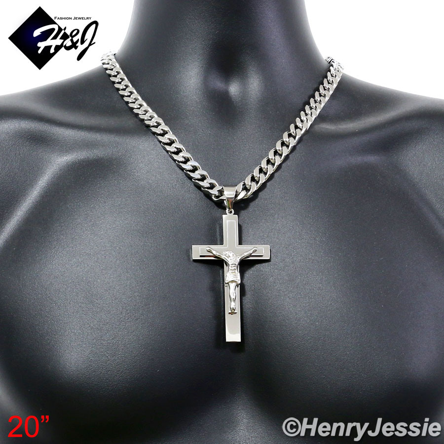 20″MEN Stainless Steel 9x4mm Silver Cuban Curb Chain Necklace Cross Pendant*BJ1