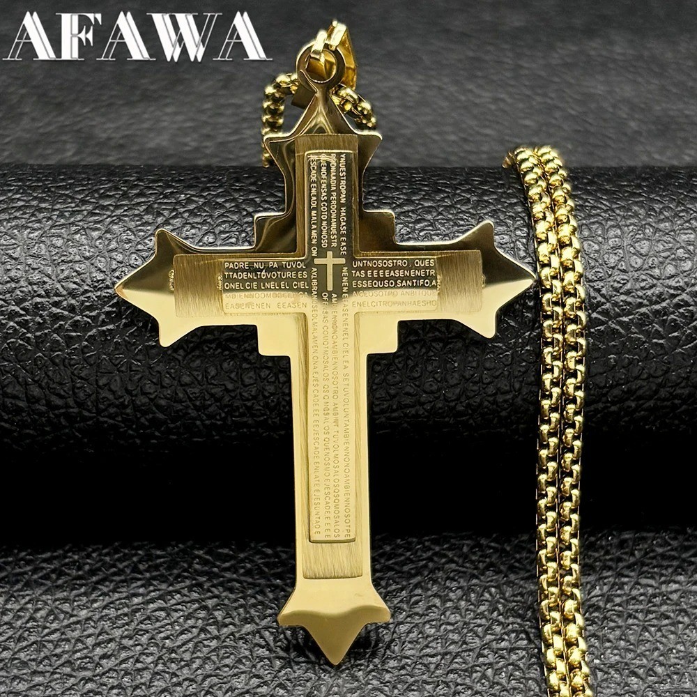 Big Bible Jesus Cross Pendant Necklace for Women Men Stainless Steel Gold Color