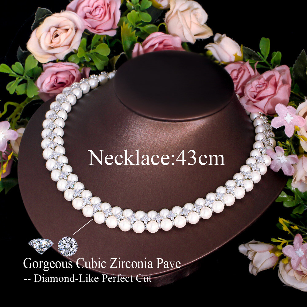 Handmade Pearl Cubic Zircon Multiple Cluster Wedding Engagement Choker Necklace