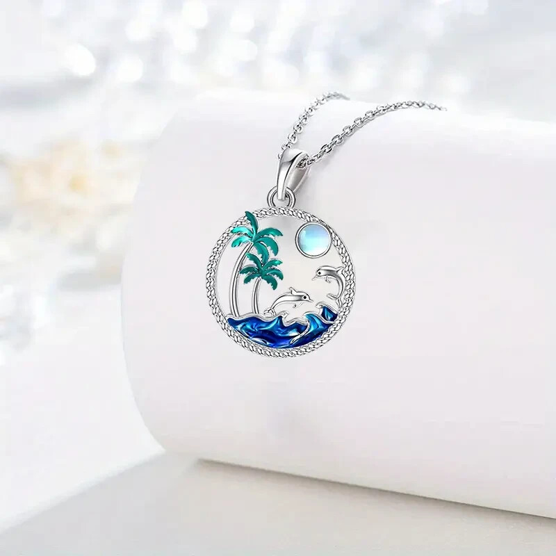 Fashionable Sea Wave Dolphins Round Pendant Necklace Ocean Beach Inspired Gift