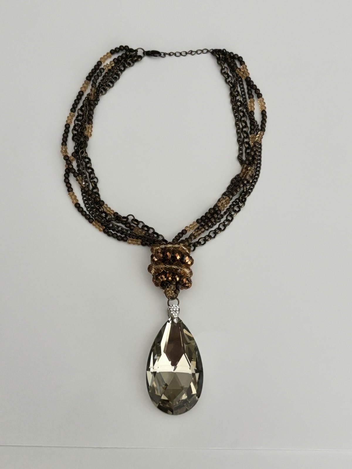 Smoky Crystal Teardrop Pendant Brown Bronze Multi Strand Necklace 18”