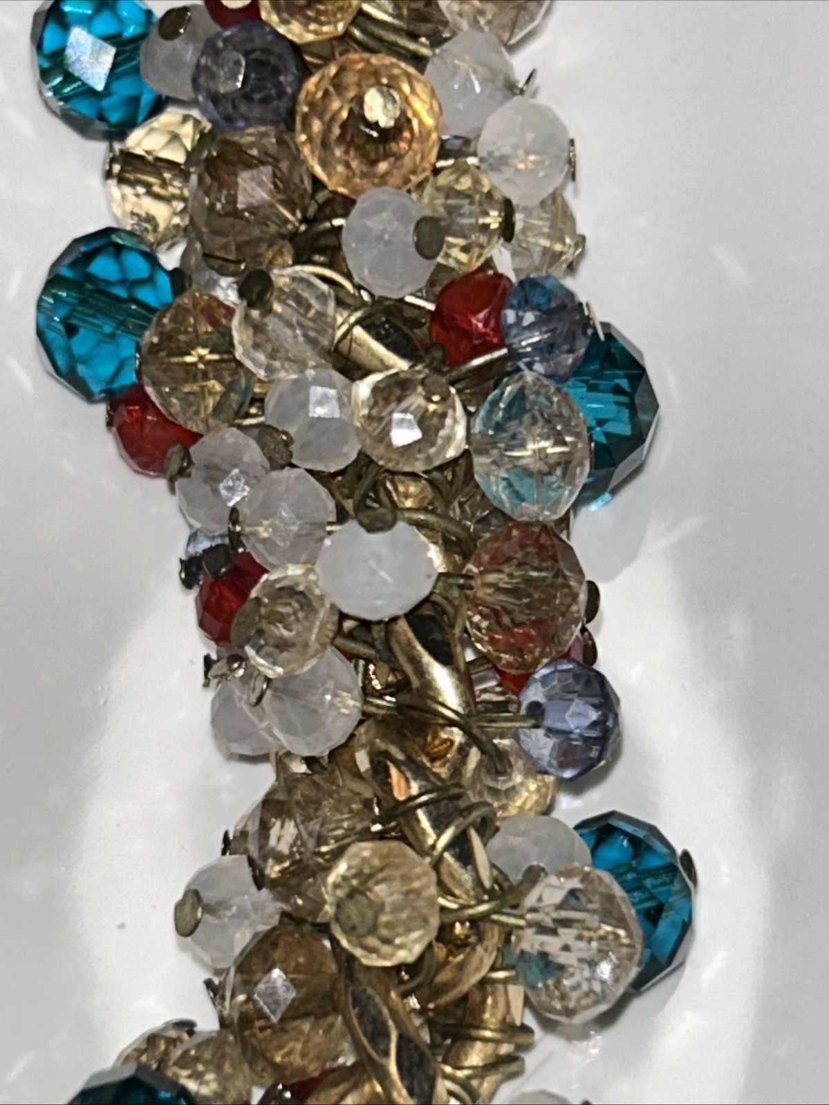 ZARA Gold Tone Chain Statement Necklace Cluster Beads, Blue, Red, Bronze 17-20”