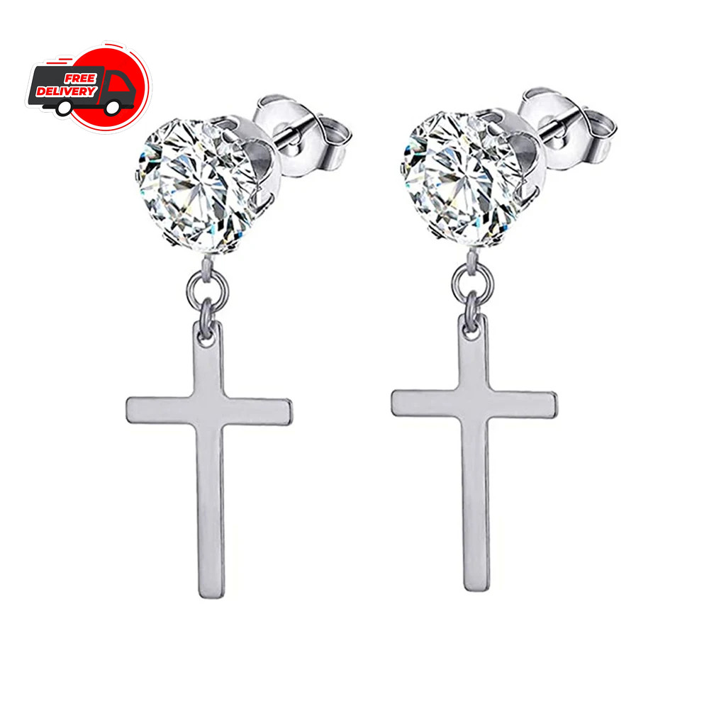 Punk Black Cross Stainless Steel Hoop Earrings for Women Men Fashion Vintage