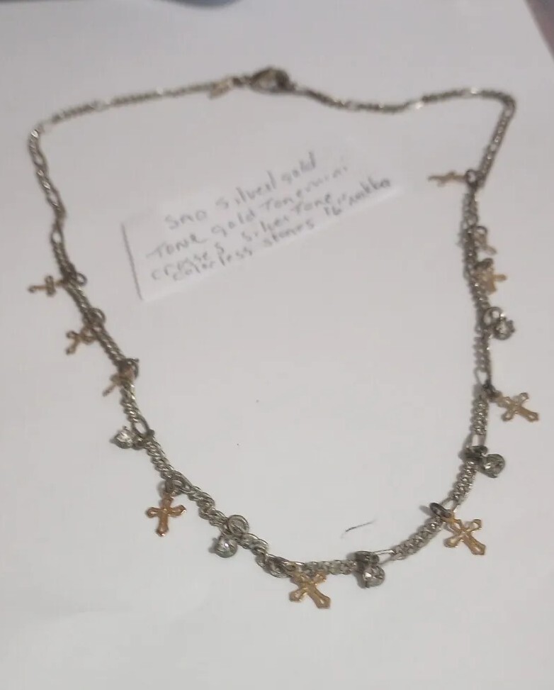 SAO Silver/Gold Tone Small Dangling Crosses And Colorless Stoned 16″necklacr