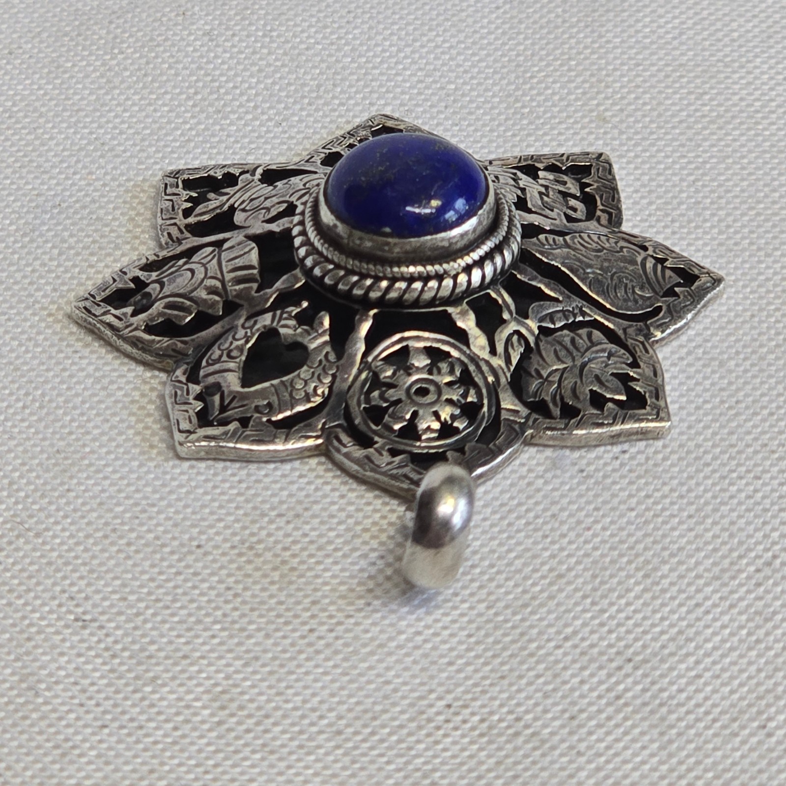 Sterling Silver Pendant 14.93g Jewelry Lapis Look Nepal Symbols Charm *READ*