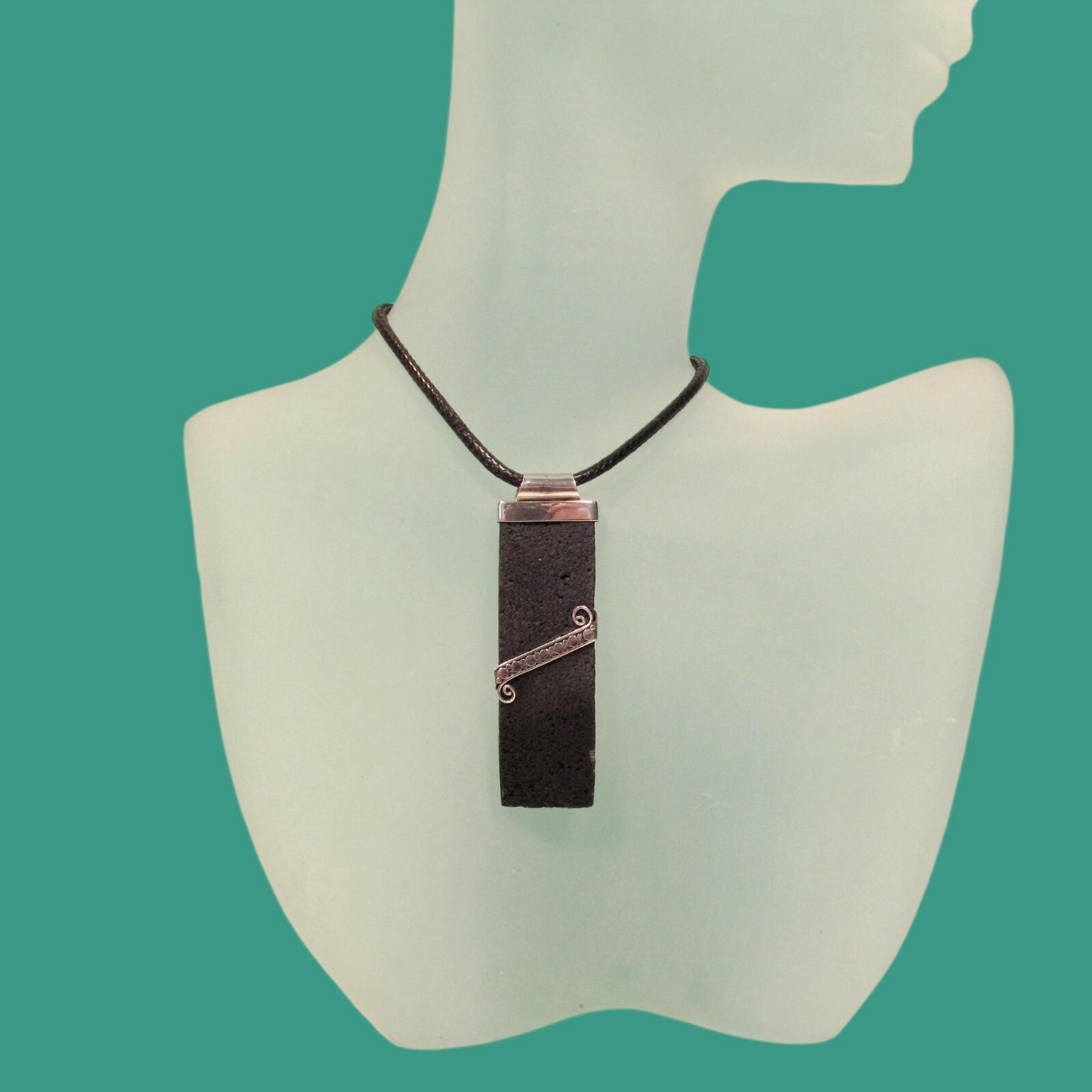 2″ Rectangle Lava Rock Stone 925 Sterling Silver Handmade Pendant