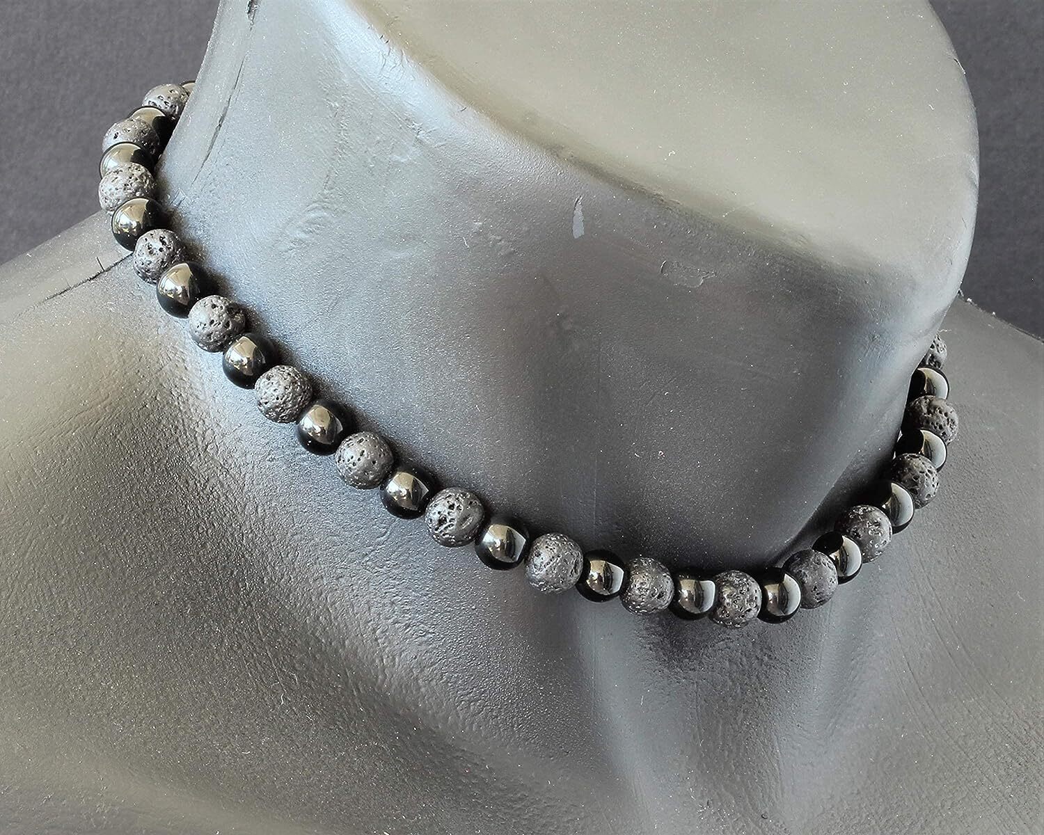 Mens Long Necklace Natural Black Lava & Black Onyx Beaded Healing Adjustable