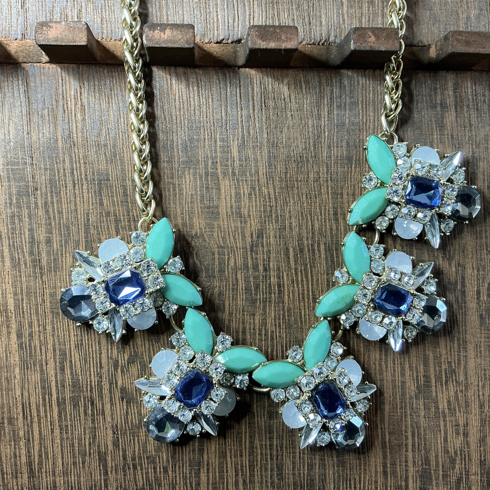 Gold Tone Blingy Statement Collar Necklace Crystal Accents Green Blue Clear