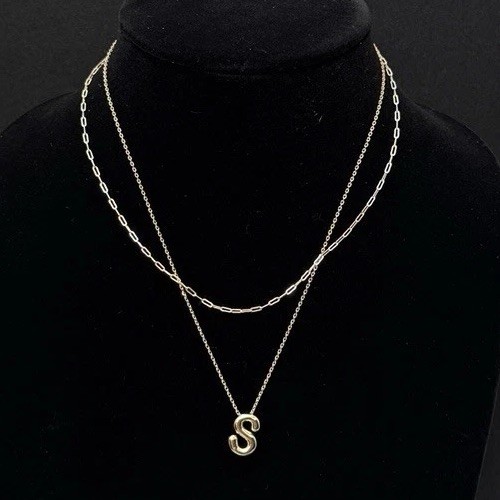 2 Pcs 14K Gold Flash-Plated Puff Initial “S” Layered Necklace & Paperclip Chain