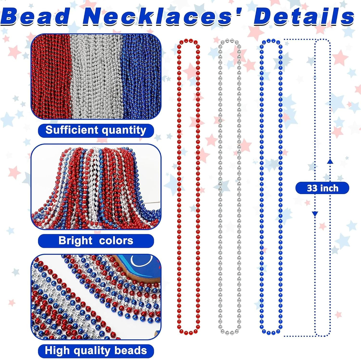 200 PCS Beads Necklace, 33″ Patriotic Necklace, Red Blue Silver Fourth of July B