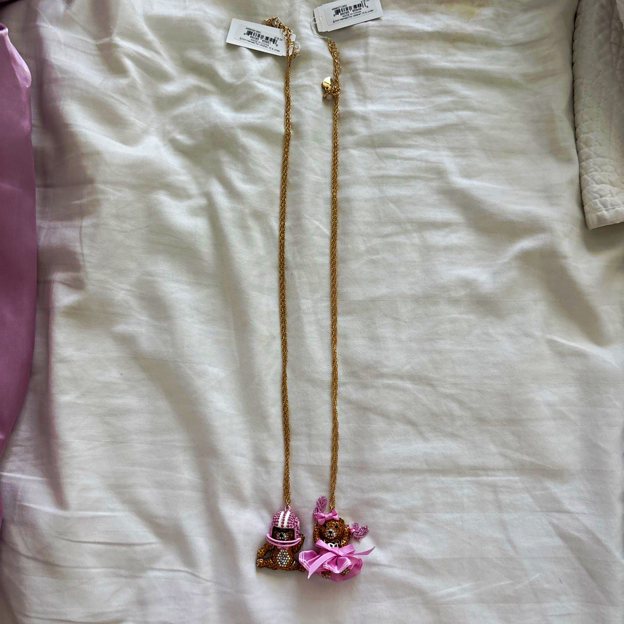 Betsey Johnson Gold Plated Pink Crystal Teddy Bear Charm Necklace, Adjustable