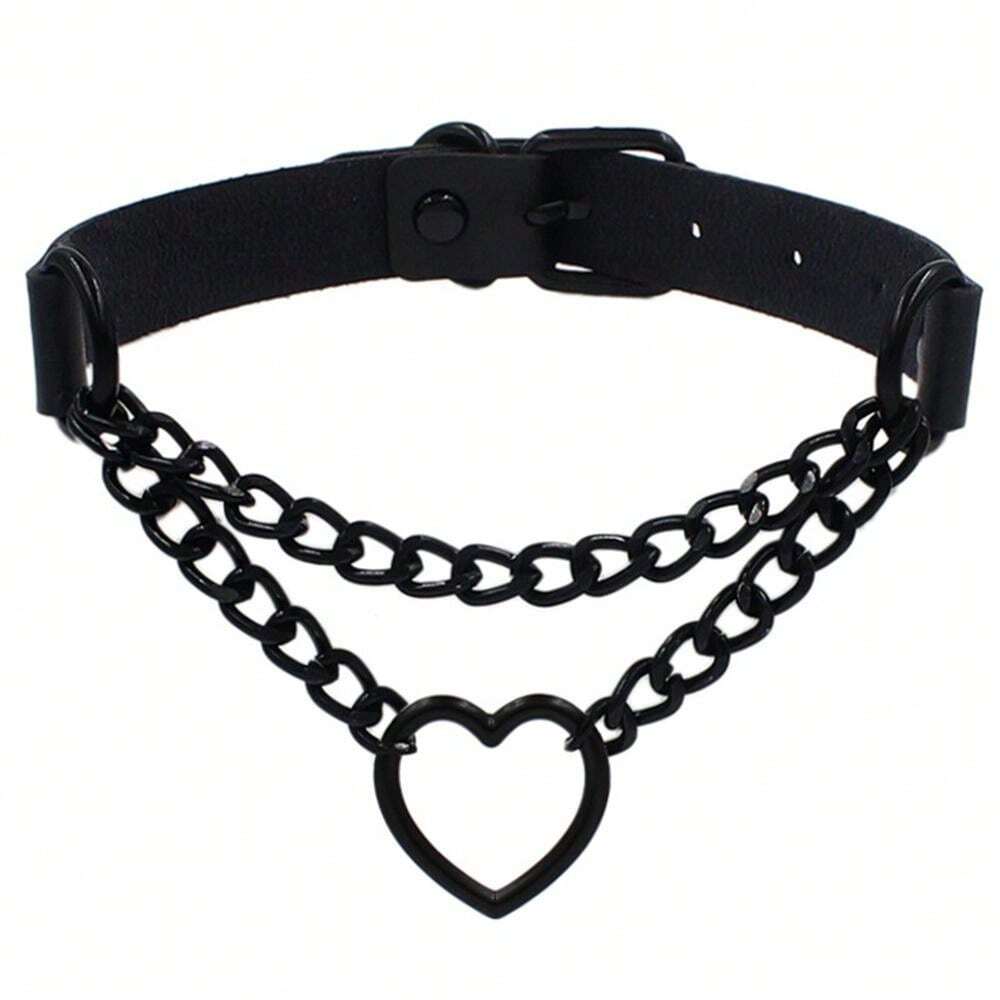 Gothic Heart Choker Necklace Black Necklace Pendant PU Leather Collar Chains