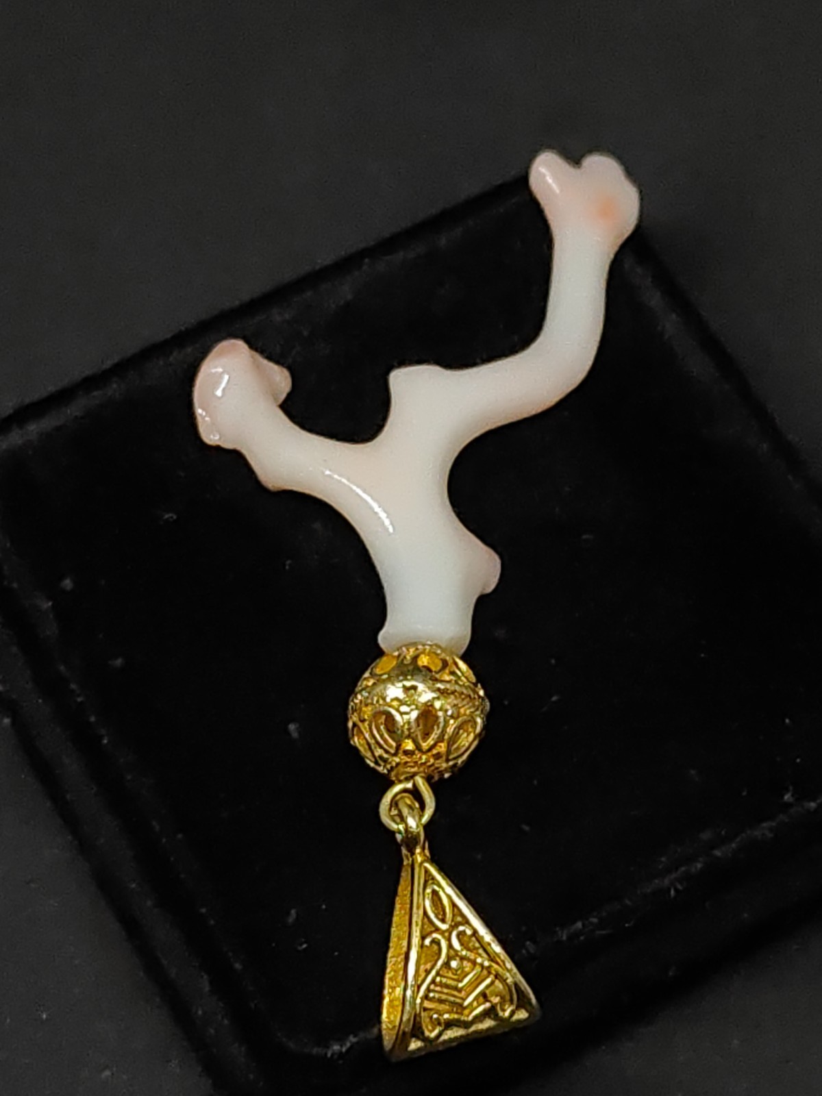 Pink White Japanese Coral Branch Pendant -Smooth Polished Gold Tone Brass