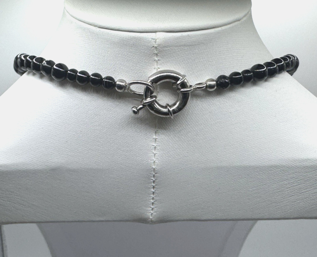 Obsidian and Black Agate 20 in Platinum Plated Clasp Boho Bead Necklace 4-18MM