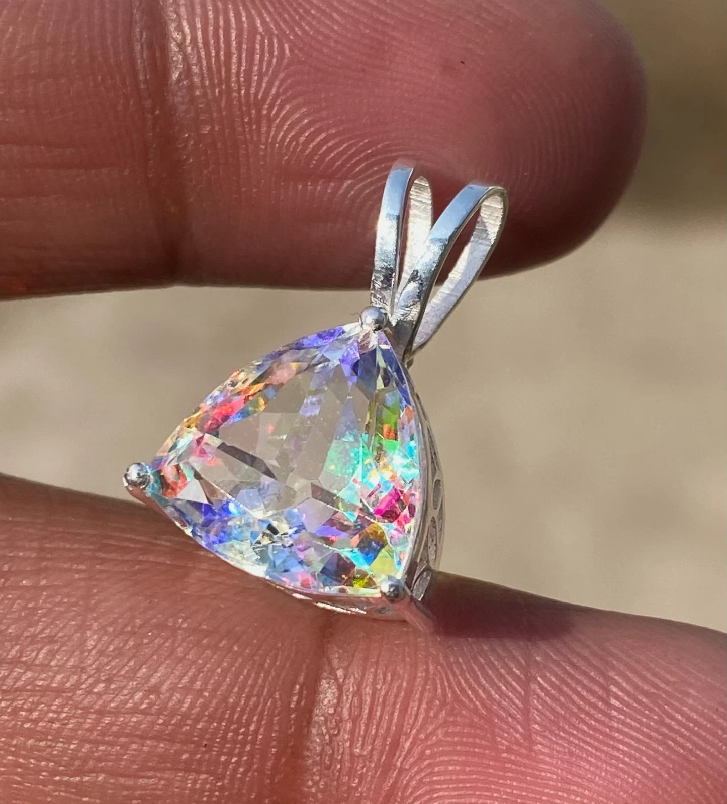 Magical Trillion Cut Mystic Topaz 35 Ct Sterling Silver Rainbow Pendant Gemstone
