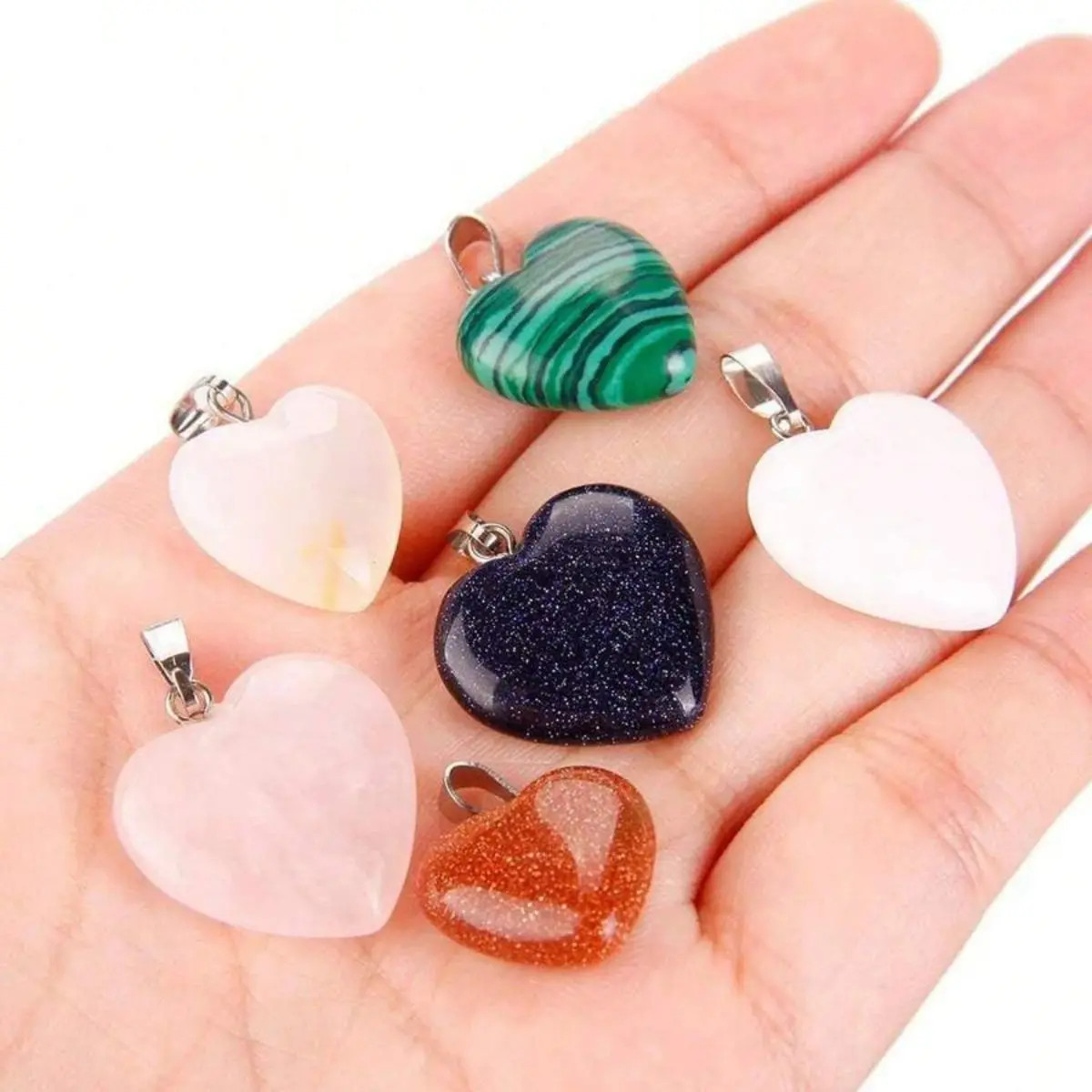 10 pcs Random Heart Shaped Stone Pendant Charms Crystal Chakra Beads For DIY NEW
