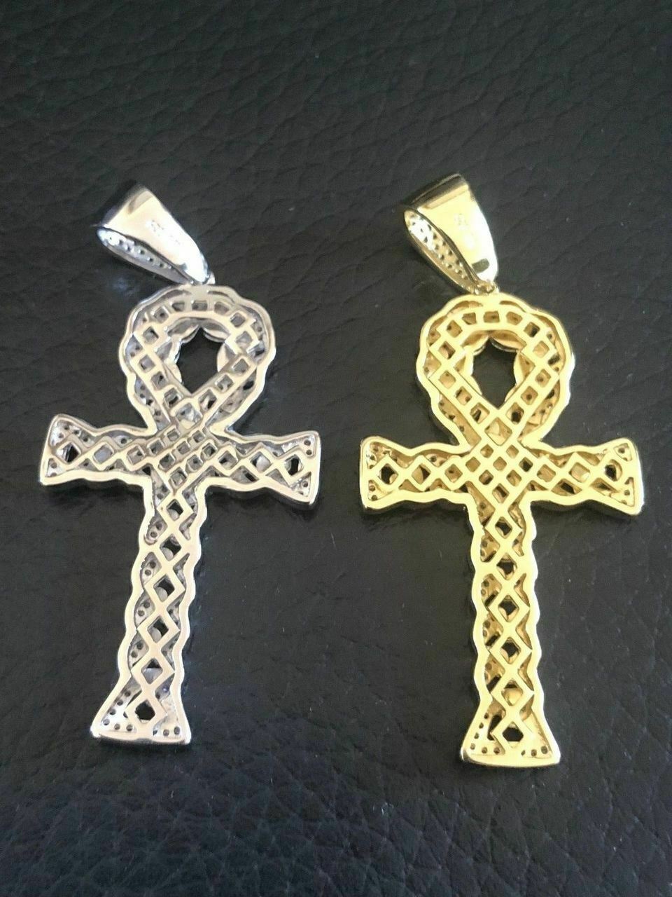 Ankh Cuban Link Cross 14k Gold Plated Solid 925 Sterling Silver Pendant 1ct CZ