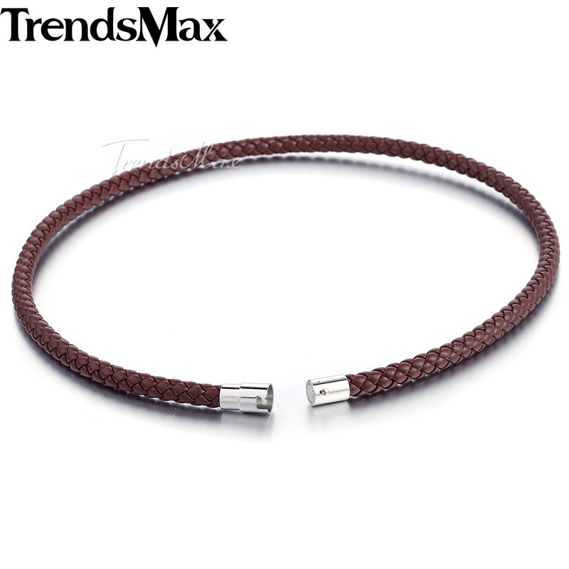 8mm Mens Braided Rope Necklace Brown Leather Stainless Steel Magnet Clasp Choker