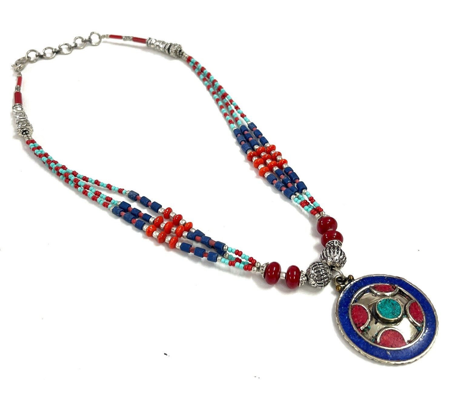 Ethnic Lapis Lazuli Coral Gemstone Nepalese Boho Necklace Jewelry, 17 inch