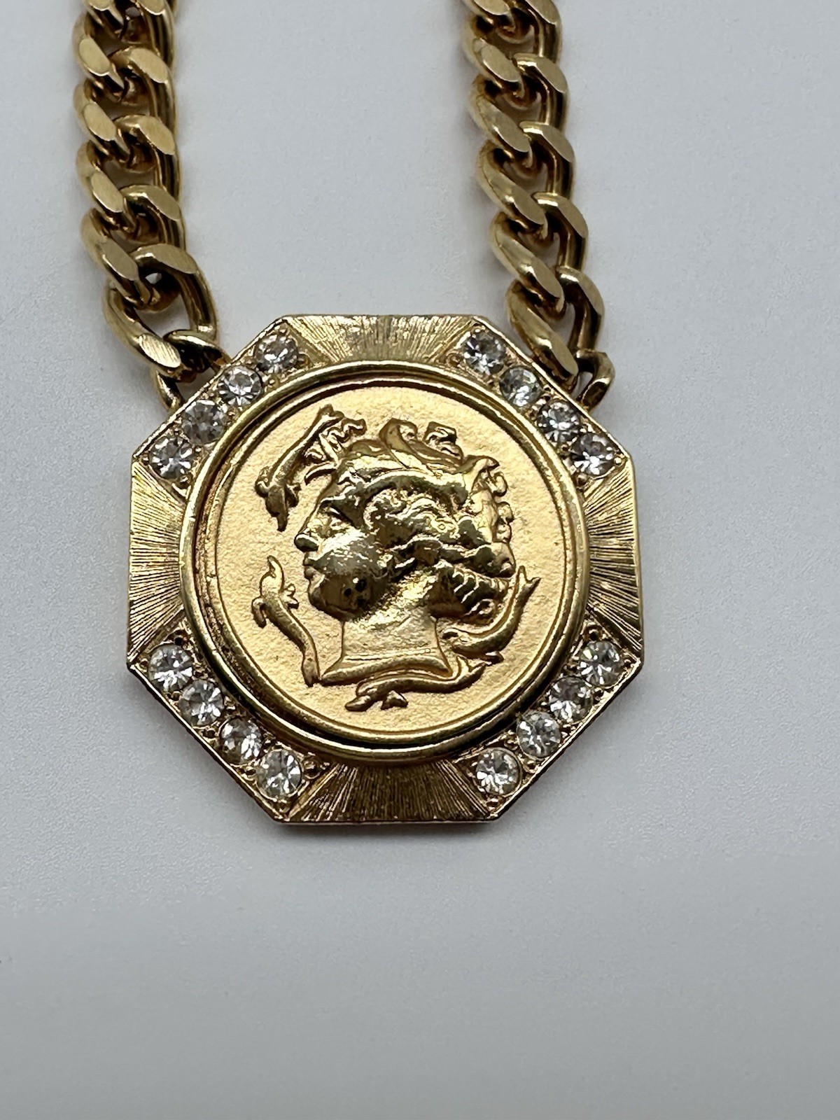 Gold Tone Miami Curb Chain/Crystal Accents/Roman French Emp. Faux Coin Pendant