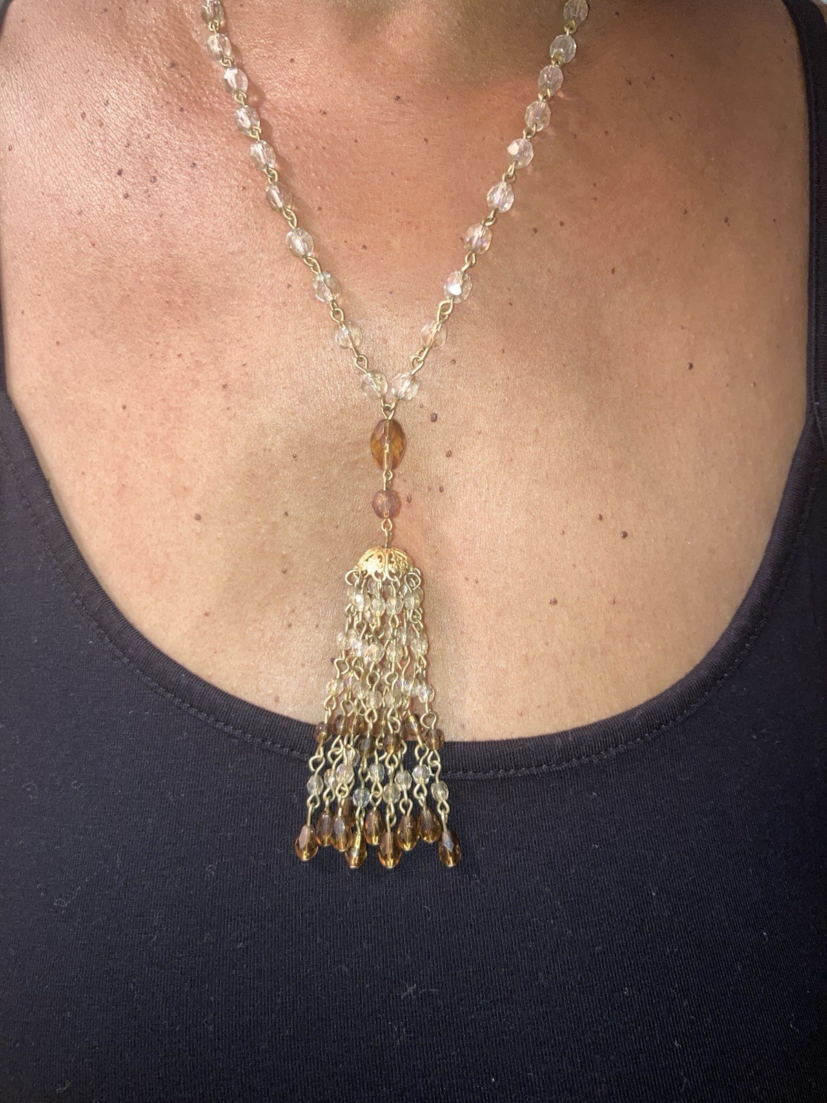 Gold Tone Beaded Chain Necklace Clear Crystal Tassel Fringe Pendant