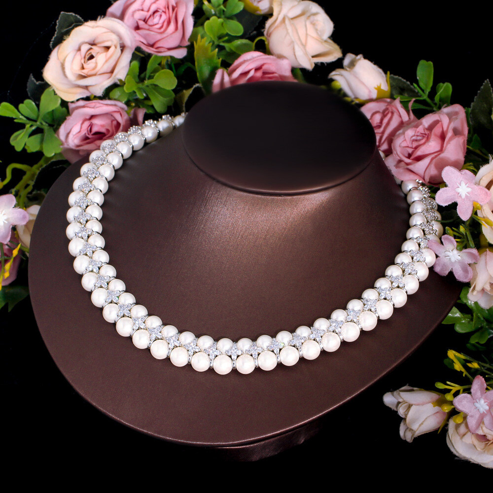 Handmade Pearl Cubic Zircon Multiple Cluster Wedding Engagement Choker Necklace