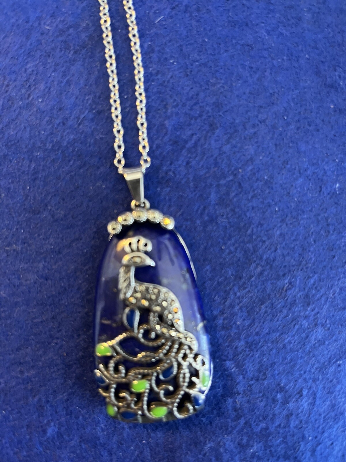 Lapis Lazuli, Swiss Margarita, Enameled Peacock Pendant Necklace (20”)