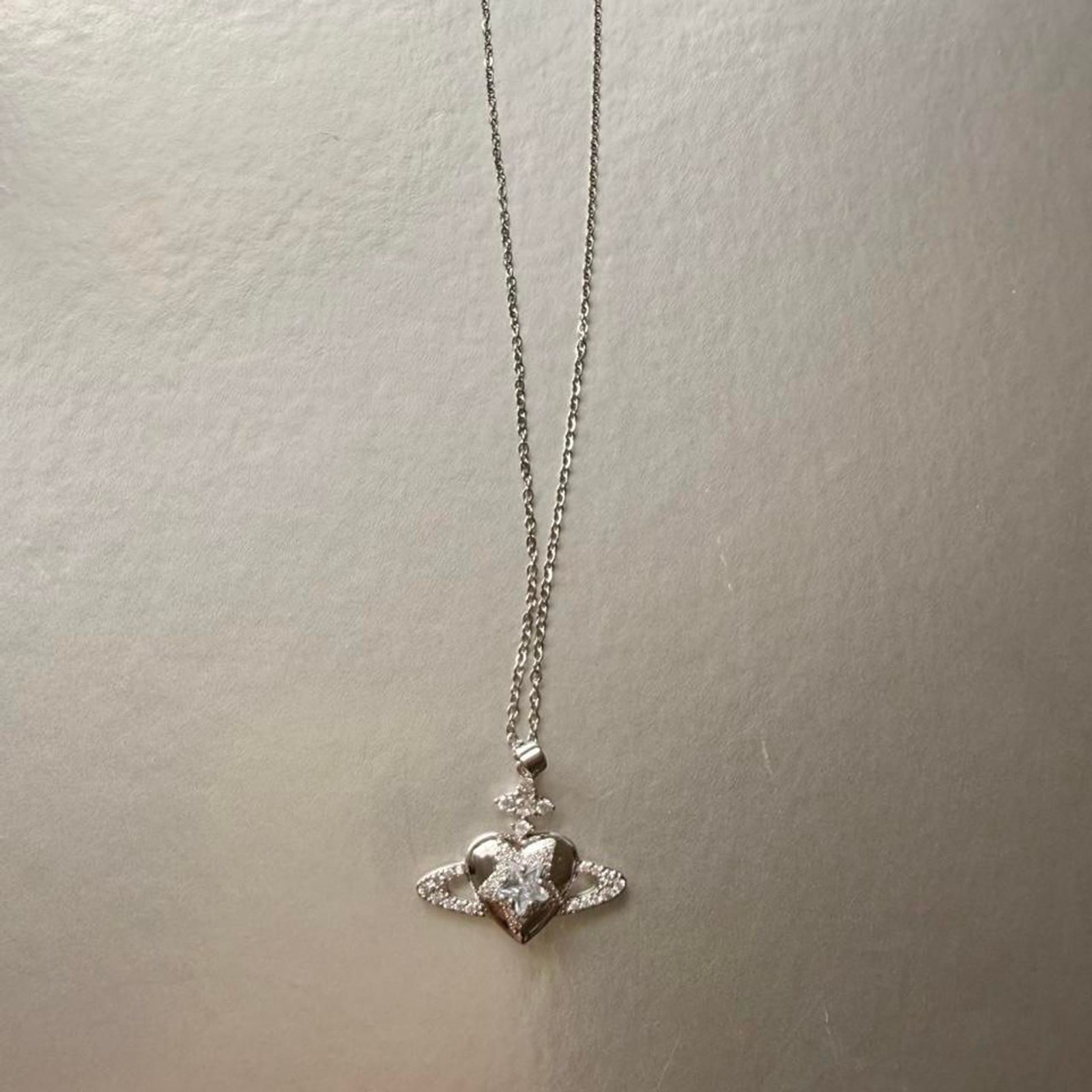 Sparkling Heart Saturn CZ Pendant Stainless Steel Necklace