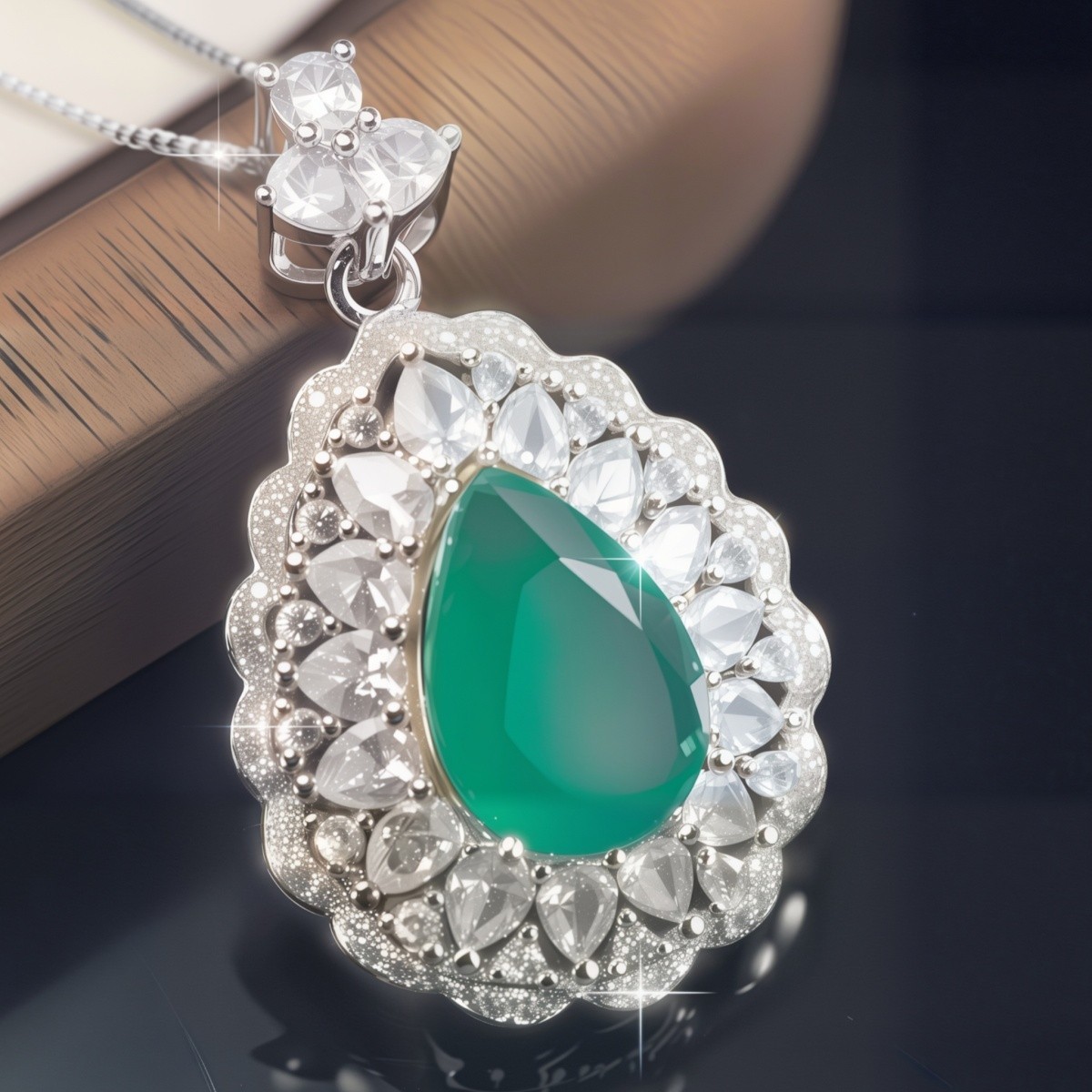 Pear Cut Simulated Emerald Double Halo Pendant Necklace For Women, Copper Plated