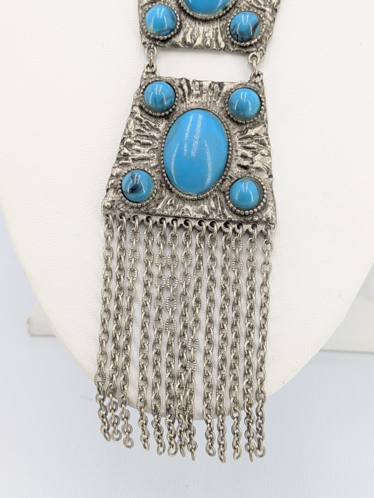 Vintage Fringe Pendant Necklace Faux Turquoise Silver Tone SW Boho 29in Tribal
