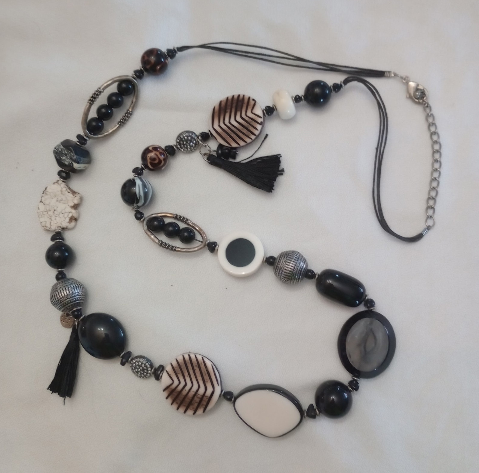 Black & White Beaded Statement Necklace, Cord Chain, Tassels, Adjustable