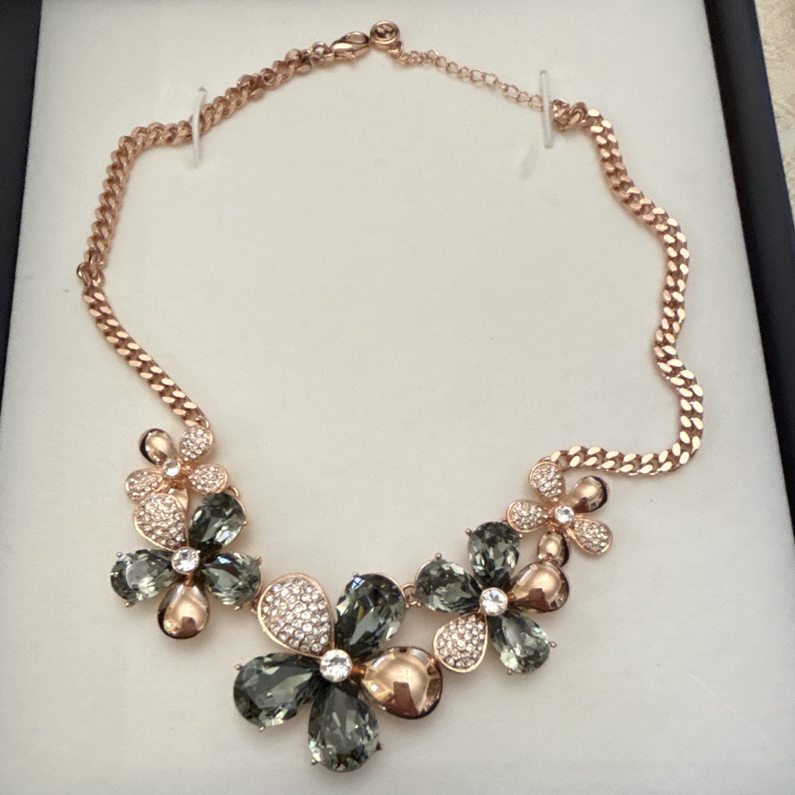 Oliver Rose Gold Plated Floral Statement Necklace Gray Austrian Crystals