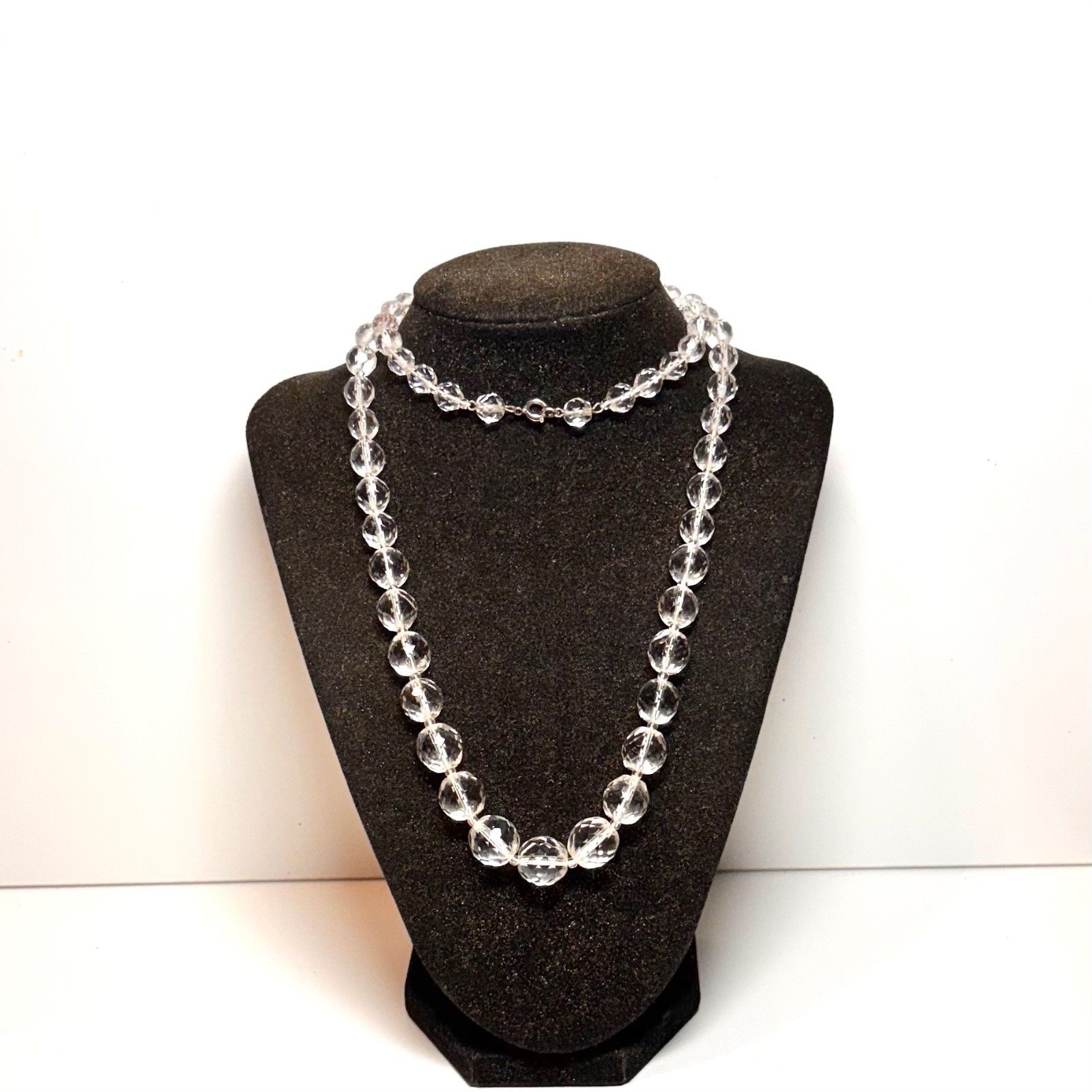 NECKLACE clear faceted glass beads graduated clear spacers white cord 30 1/2″