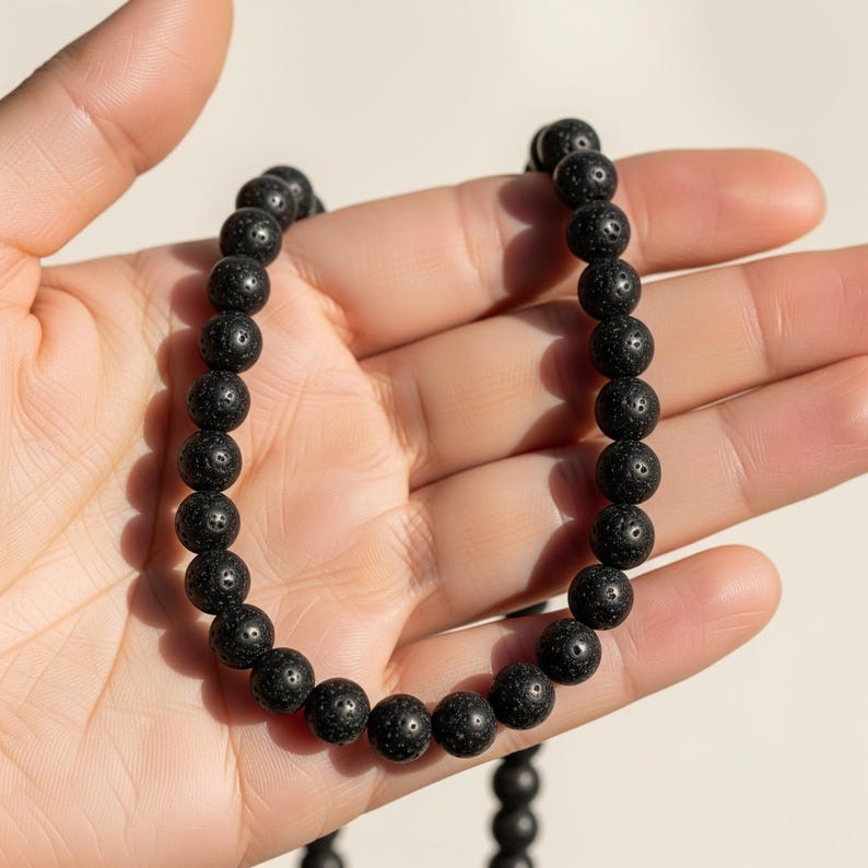 Natural Lava Rock Smooth Round Gemstone Beaded Choker Necklace 18” Men & Women
