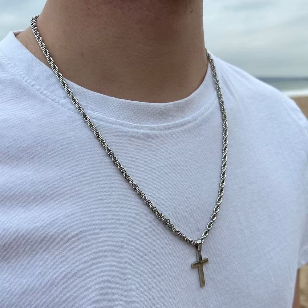 Stainless Steel Cross Pendant Necklace – Rope Chain 20” Christian Jewelry NEW