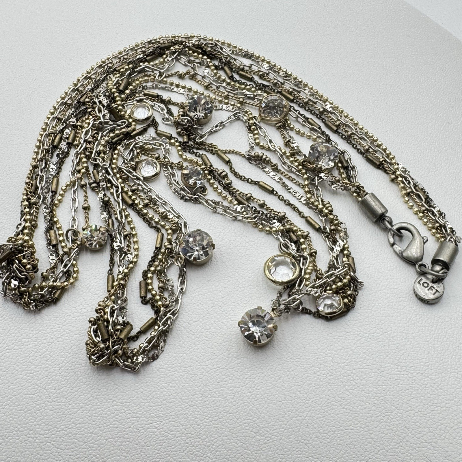 Ann Taylor Loft Necklace Multi Chain Gold Silver Tone Glass Faceted Rhinestones