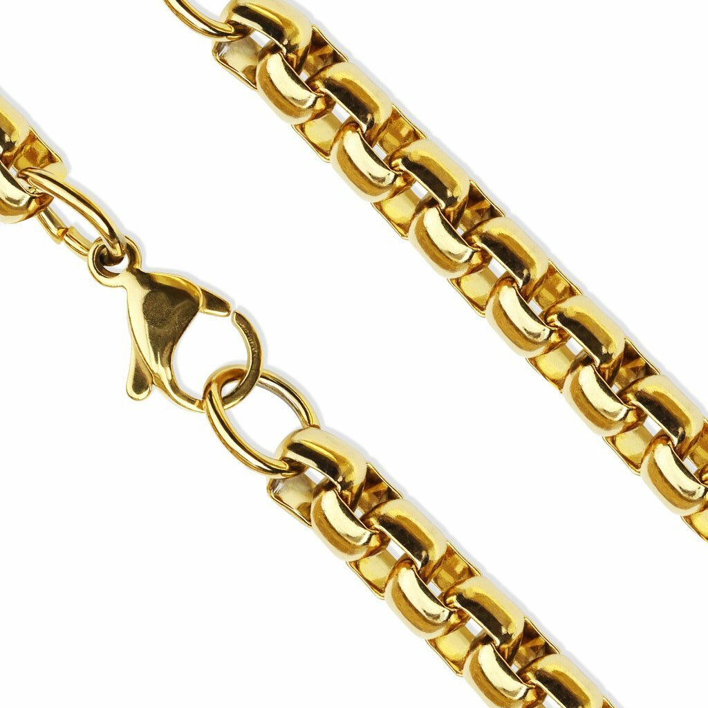 Gold Round Box Necklace Stainless Steel Rolo Chain 6mm 15-20-Inch