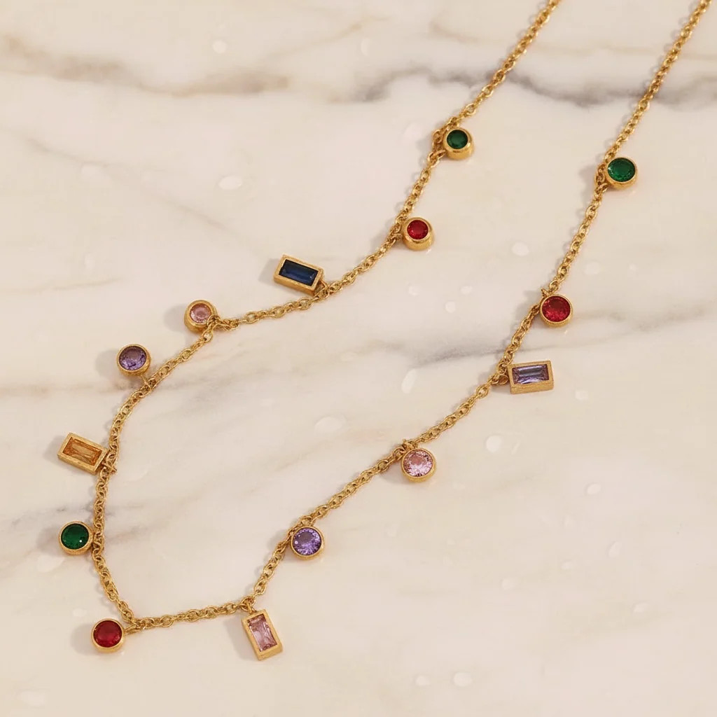 Rainbow Gemstone Choker Necklace | Multicolor CZ Baguette & Round Charm | Gold