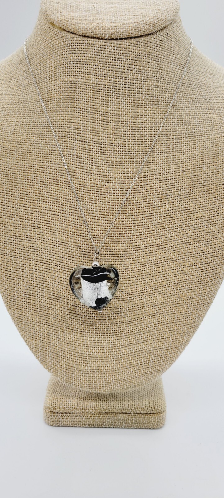 Heart Pendant Sterling Silver Necklace Black & Grey Lucite 19 in Chunky
