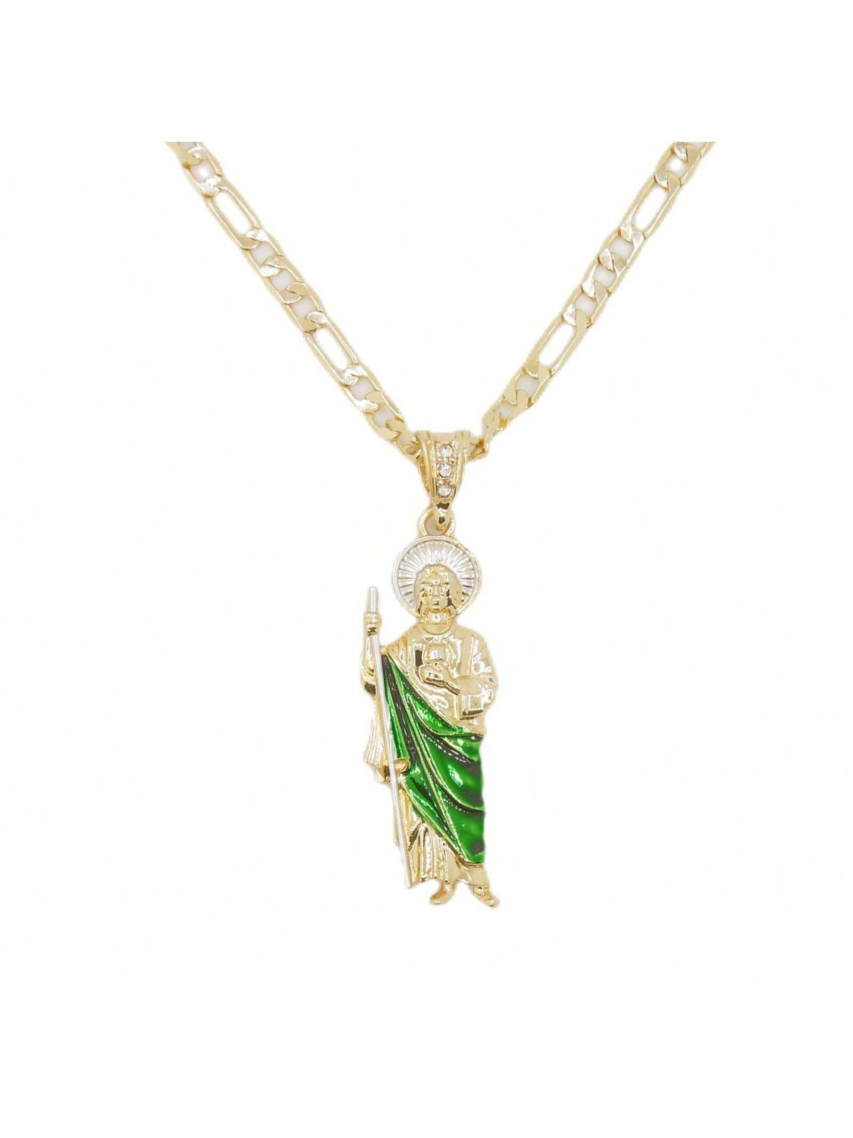 Green St Jude Pendant Necklace On Figaro Chain One Size