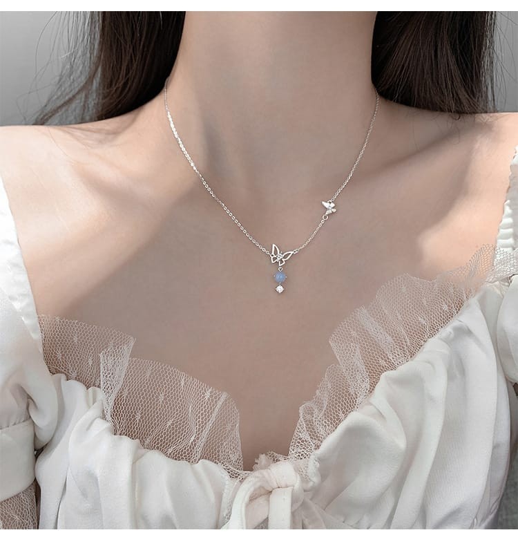 Silver Butterfly Necklace with Zircon Pendant for Women