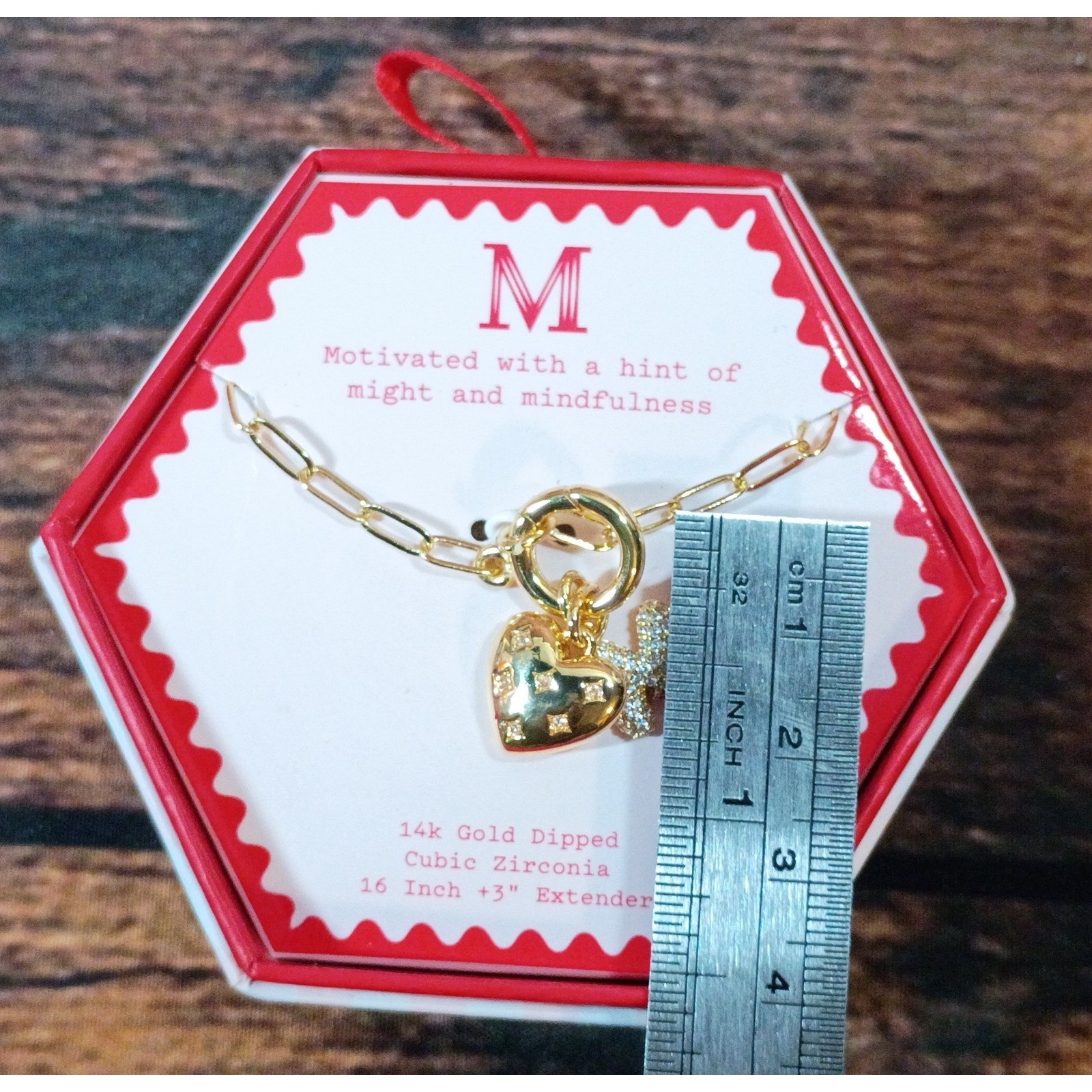 A New Day 14k Gold Dipped Initial M Heart Necklace Cubic Zirconia NIB 16-19in