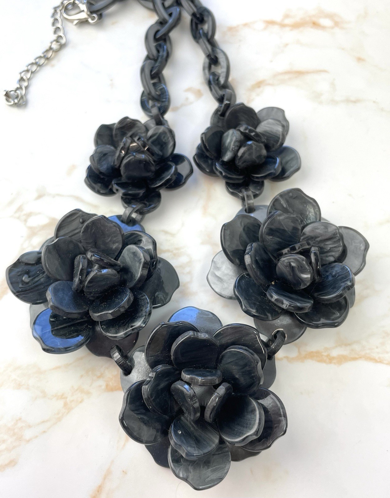 Statement Necklace Large Black Grey Marble Effect Acrylic Flowers