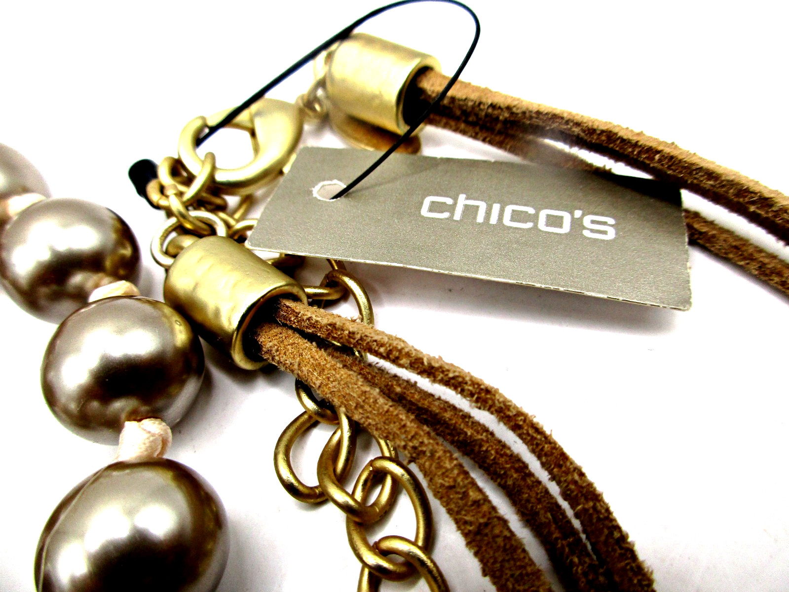 NWT$59 Chico’s Isabel 52″ Strand Deep Champagne Faux Pearls & Leather Necklace
